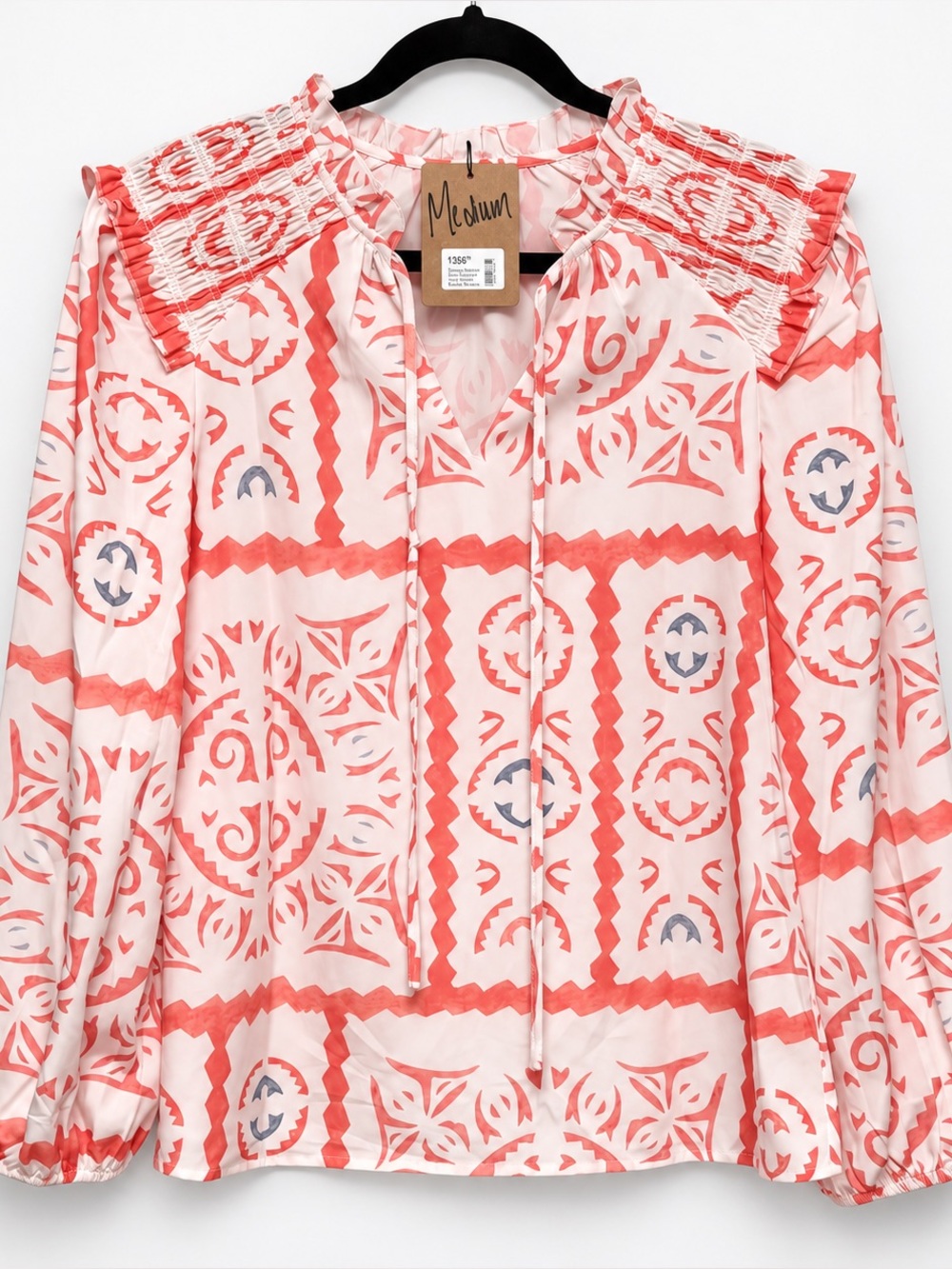 NWT Boutique Coral Pink Printed Ruffle Smocked Peasant Blouse M